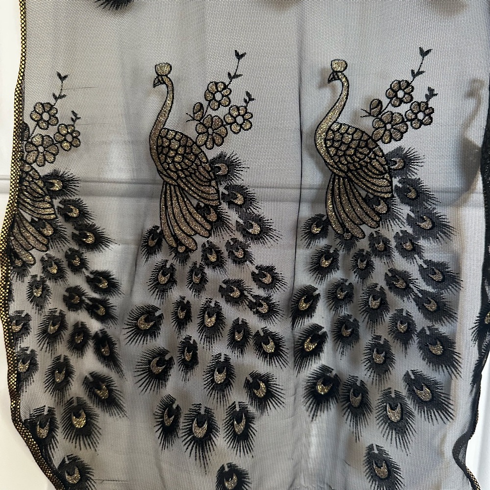 Elegant Black and Gold Peacock Embroidered scarf and silk cream one